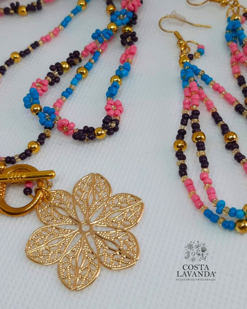 Matinée azul, rosa, café y mandala de dos hilos