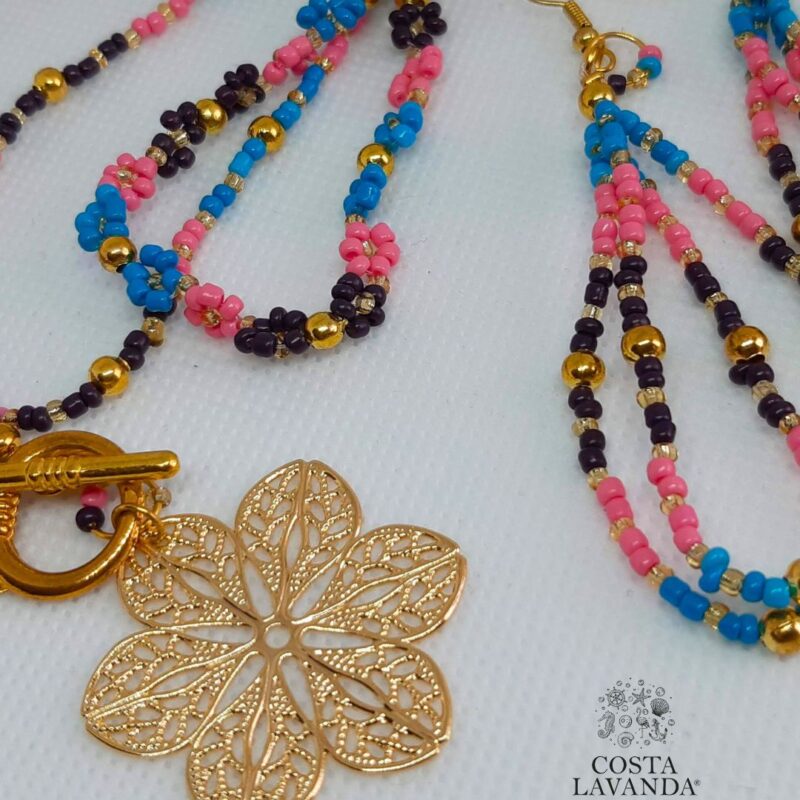 Matinée azul, rosa, café y mandala de dos hilos