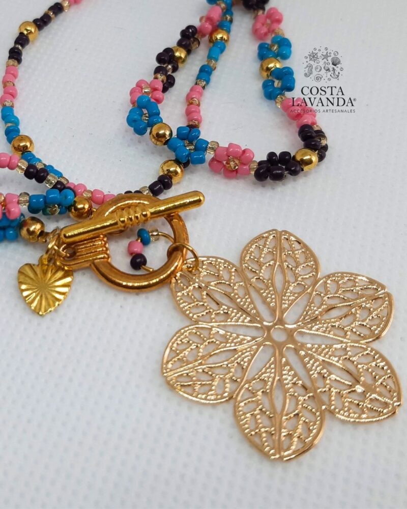 Matinée azul, rosa, café y mandala de dos hilos