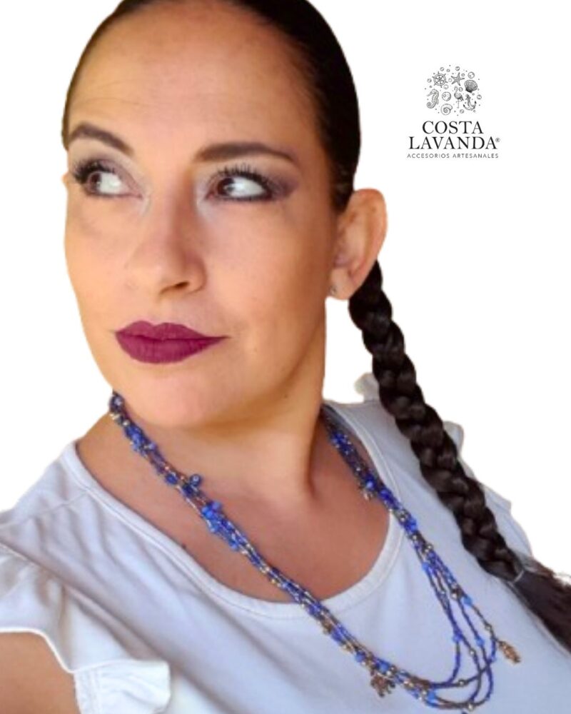 Juego de matinée y pulsera azul translúcido, dorado, ojo turco y mano de Fátima