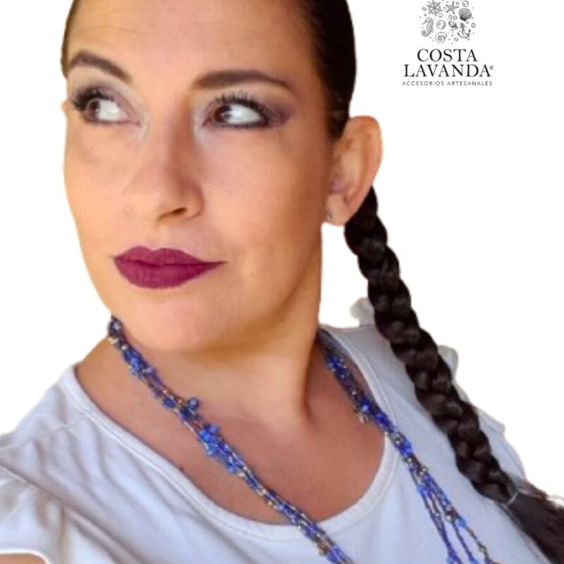 Juego de matinée y pulsera azul translúcido, dorado, ojo turco y mano de Fátima