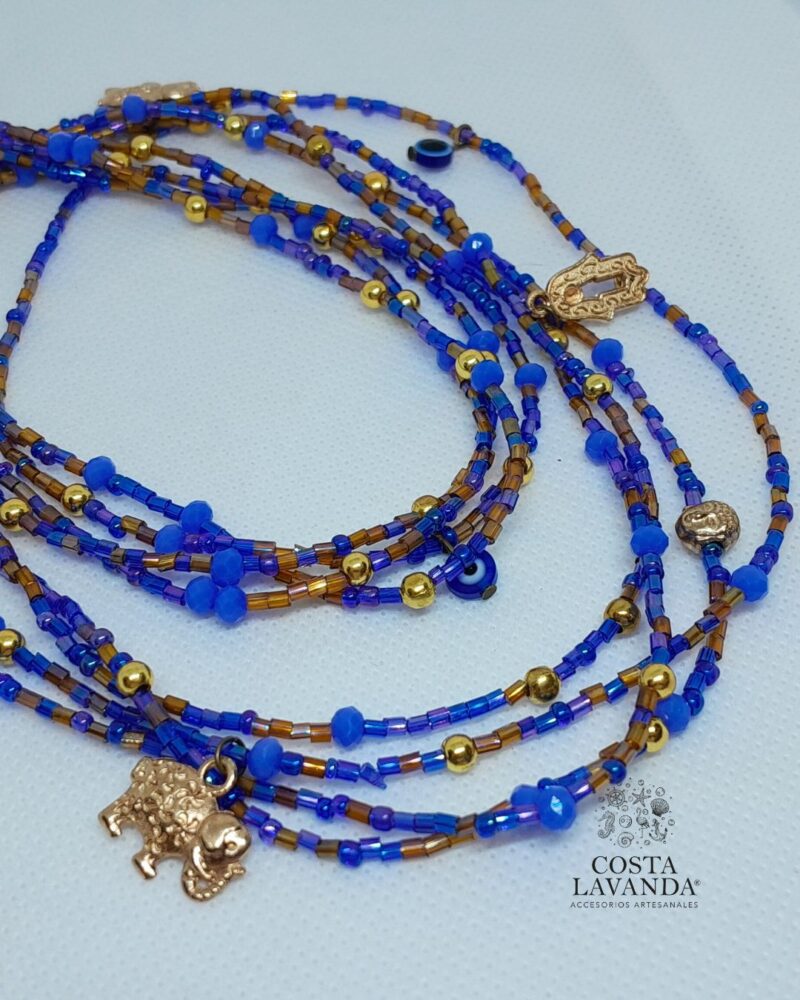 Juego de matinée y pulsera azul translúcido, dorado, ojo turco y mano de Fátima
