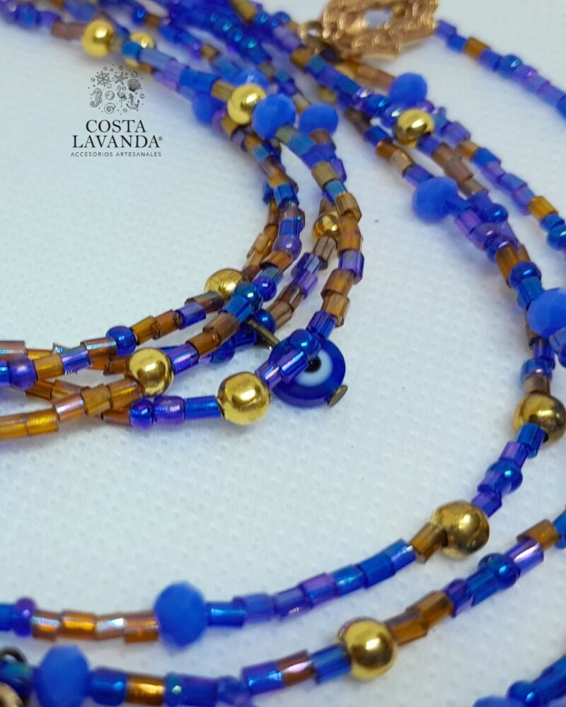 Juego de matinée y pulsera azul translúcido, dorado, ojo turco y mano de Fátima