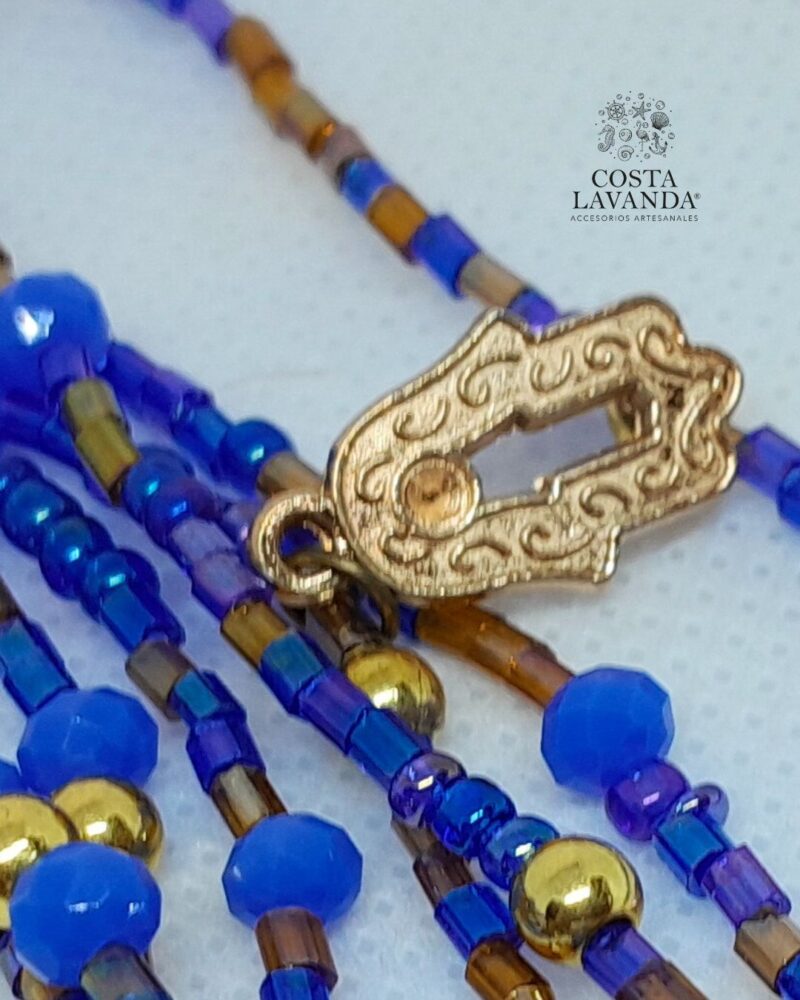 Juego de matinée y pulsera azul translúcido, dorado, ojo turco y mano de Fátima