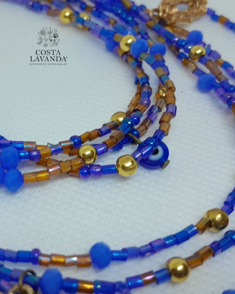 Juego de matinée y pulsera azul translúcido, dorado, ojo turco y mano de Fátima
