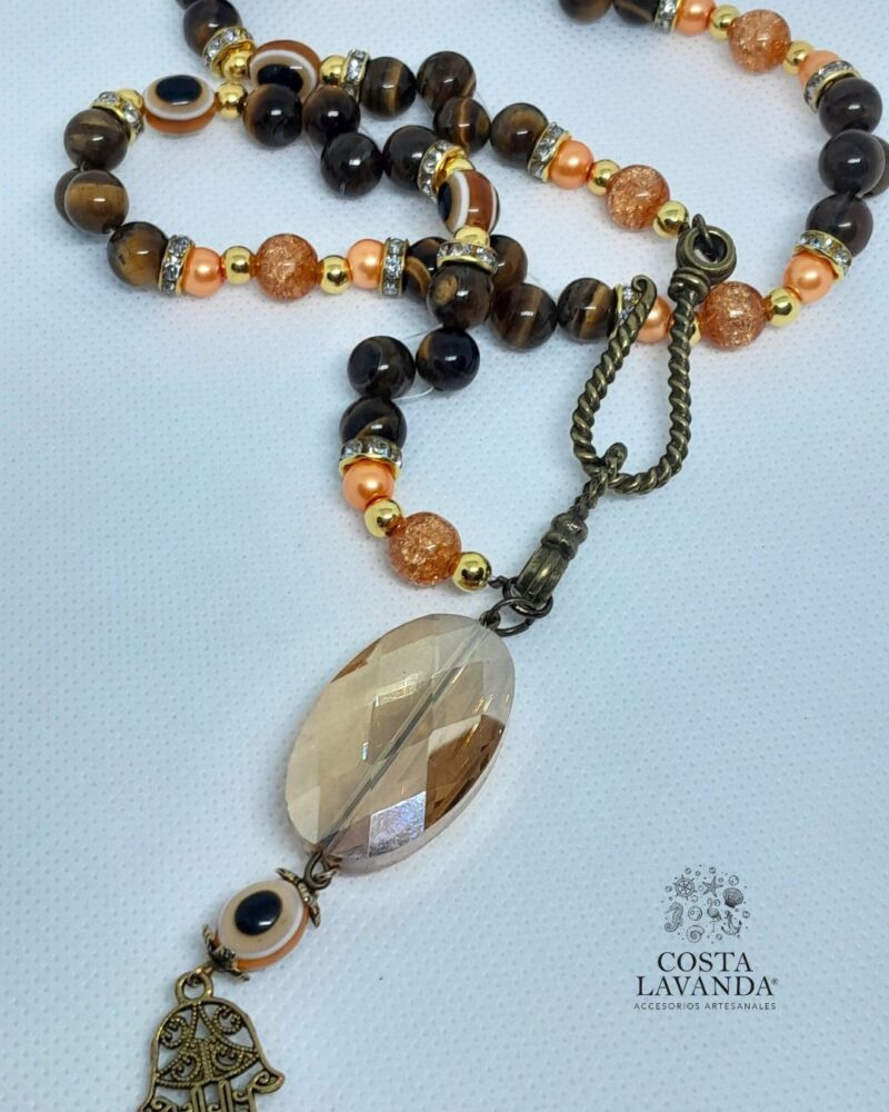 Juego de matinée y aretes naranja, dorado y mano de Fátima