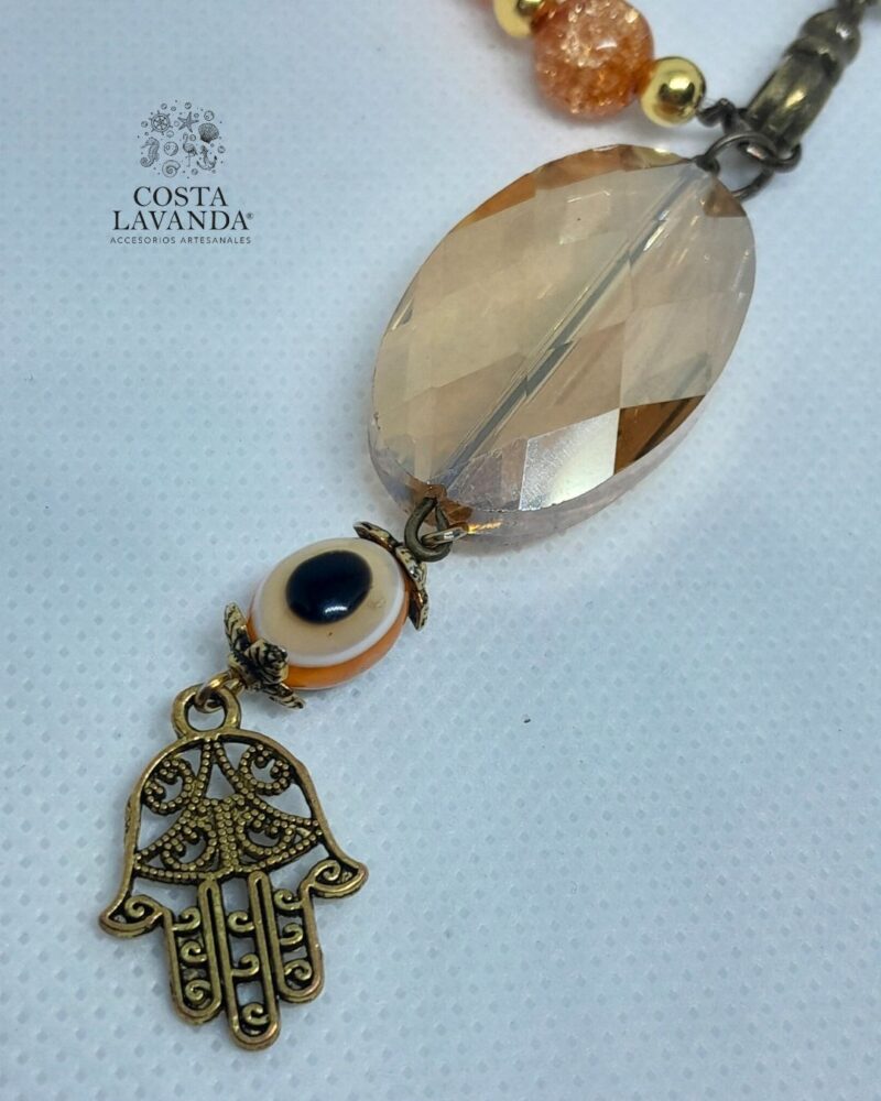 Juego de matinée y aretes naranja, dorado y mano de Fátima
