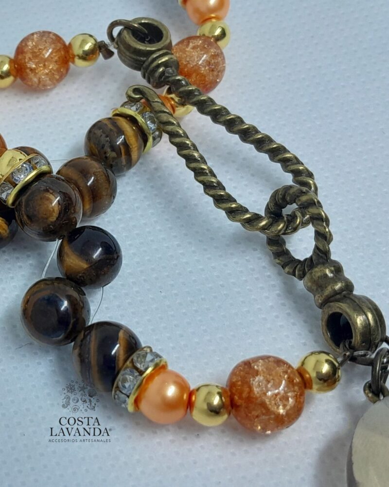 Juego de matinée y aretes naranja, dorado y mano de Fátima