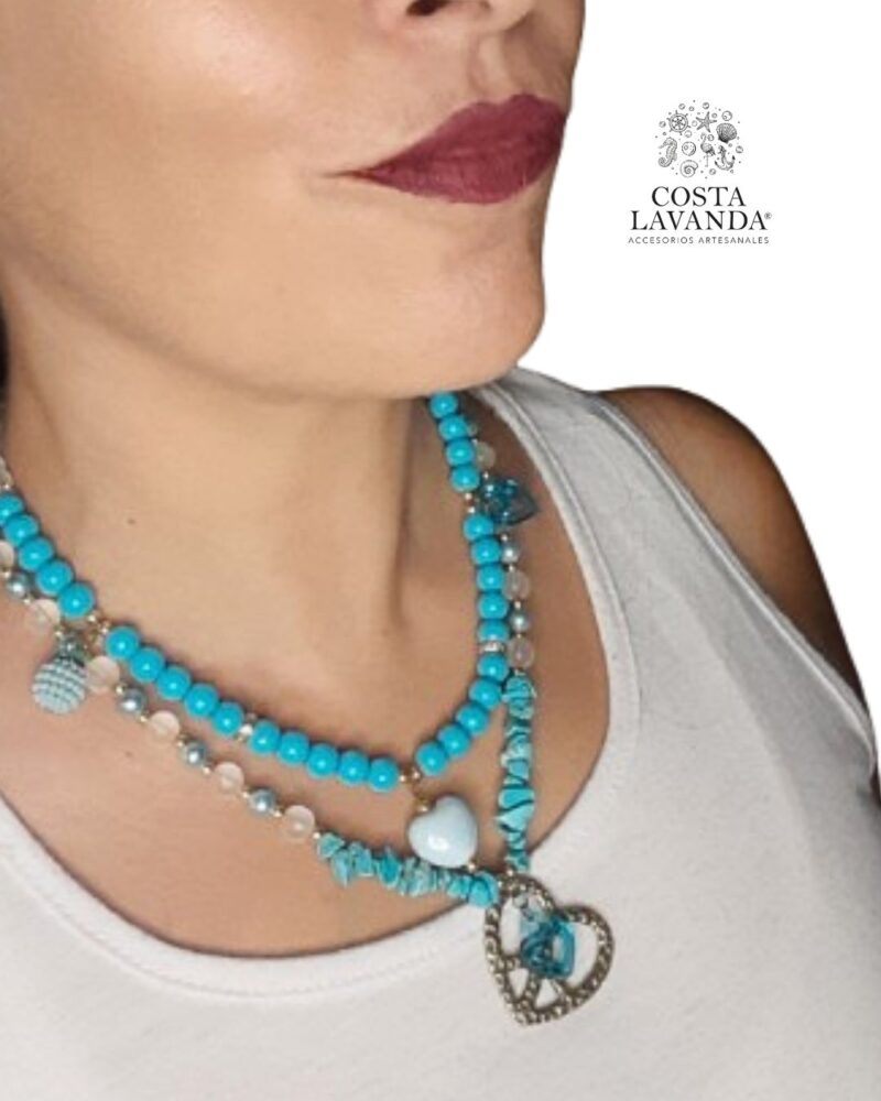 Juego de collares tipo matinée y princesa transparente, turquesa estabilizada, cristales y corazón