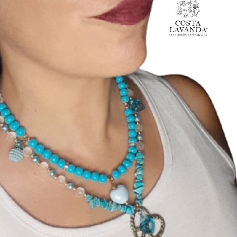 Juego de collares tipo matinée y princesa transparente, turquesa estabilizada, cristales y corazón