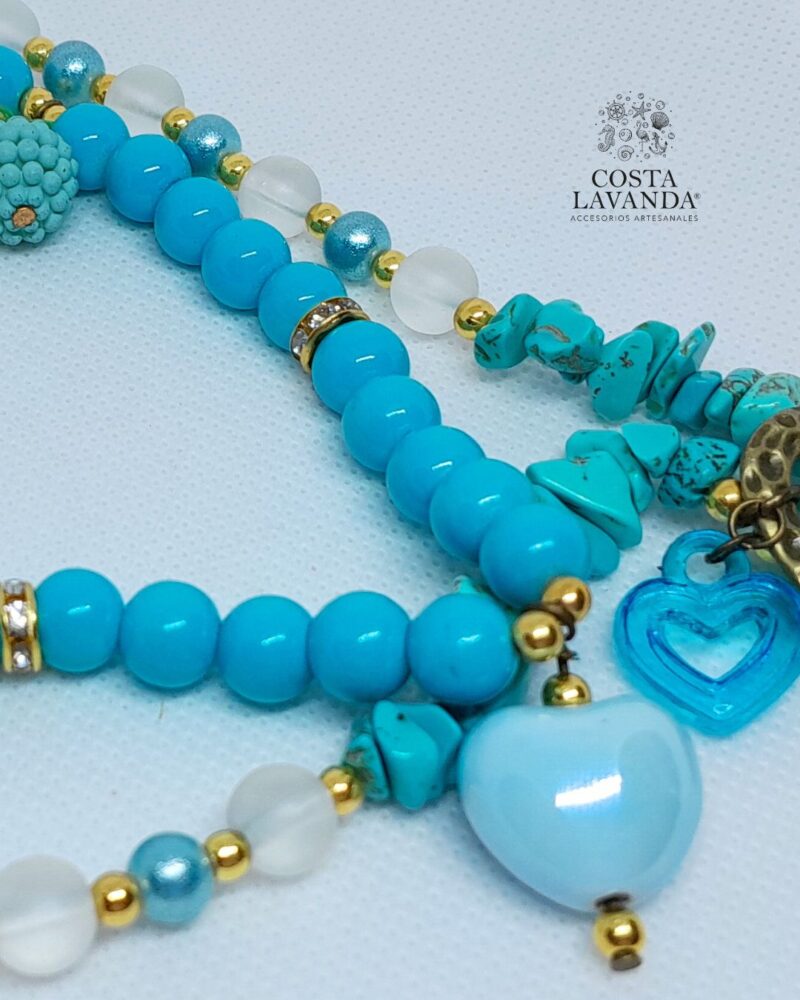 Juego de collares tipo matinée y princesa transparente, turquesa estabilizada, cristales y corazón